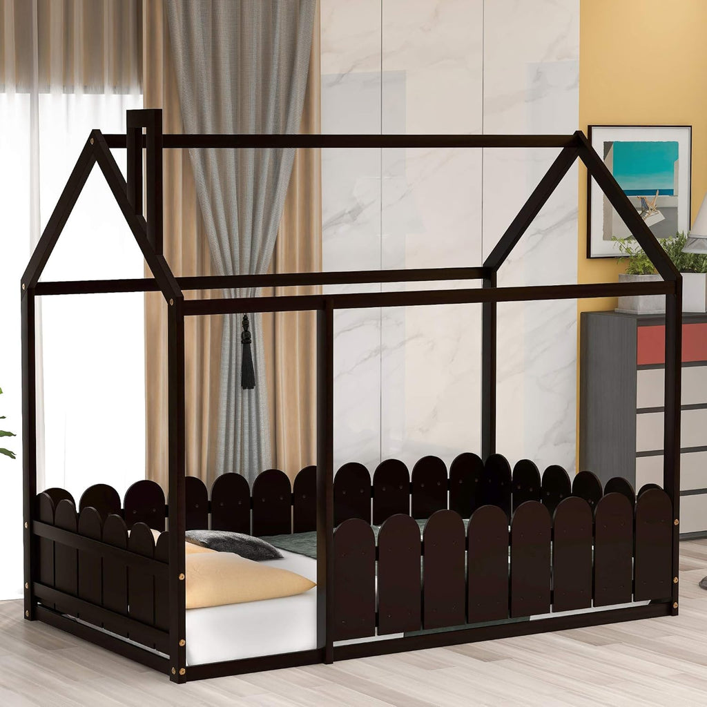 Twin Size Wooden House Bed with Trundle and Roof H442