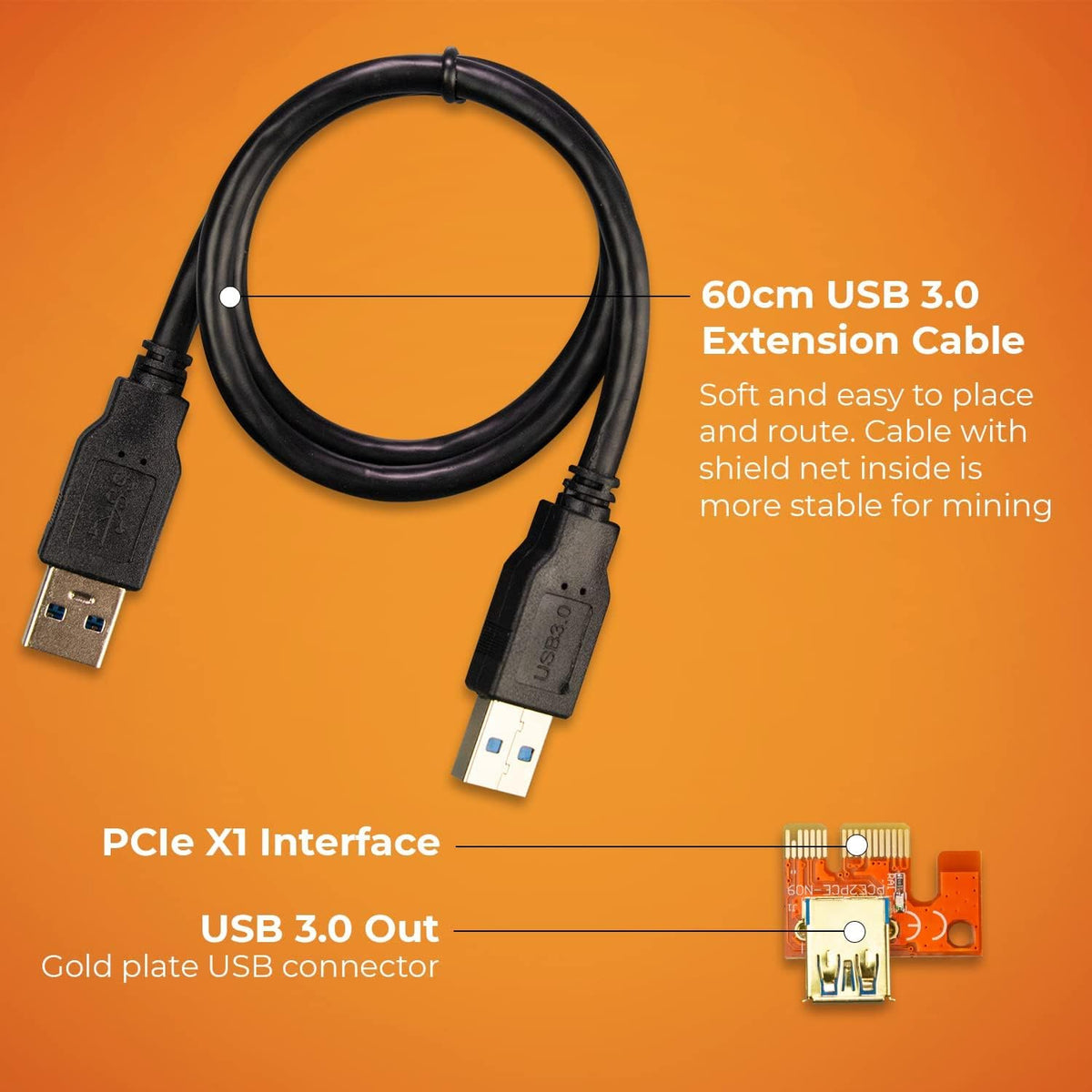 PCIE Riser 1x to 16x Graphic Extension 60cm USB 3.0 Cable Pack of 12 K585105
