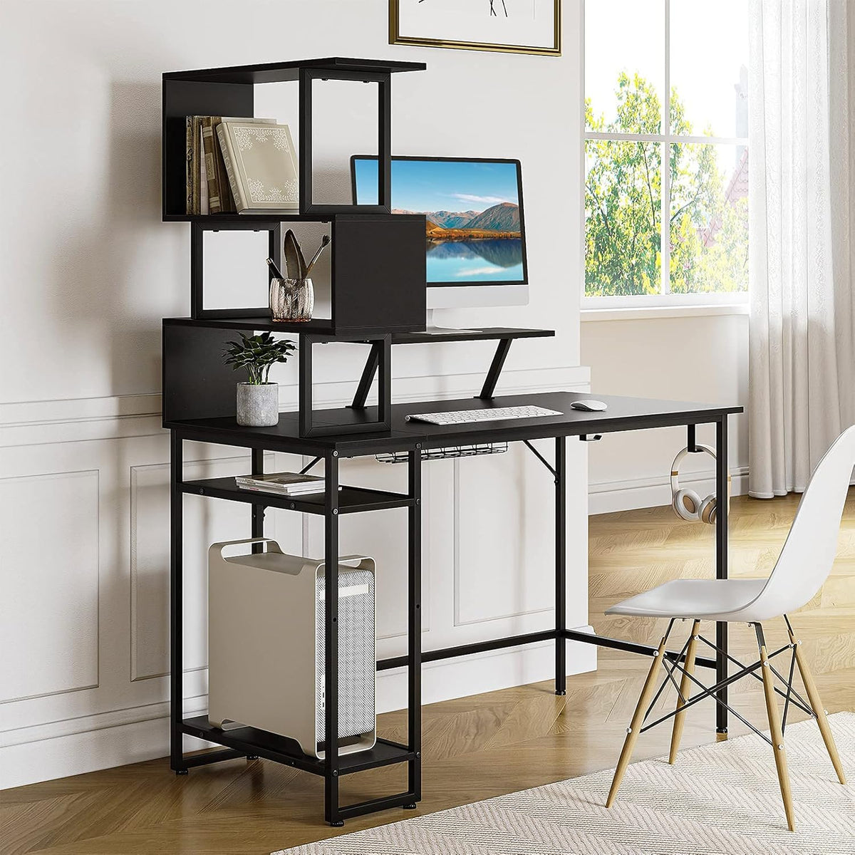 Black Home Office Desk with 5-Tier Bookshelf J8425