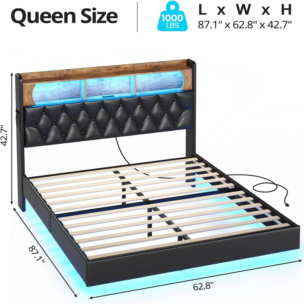Queen Size Upholstered Platform Bed with LED Light Charging Station Storage Headboard Linen Fabric Dark Grey X45303