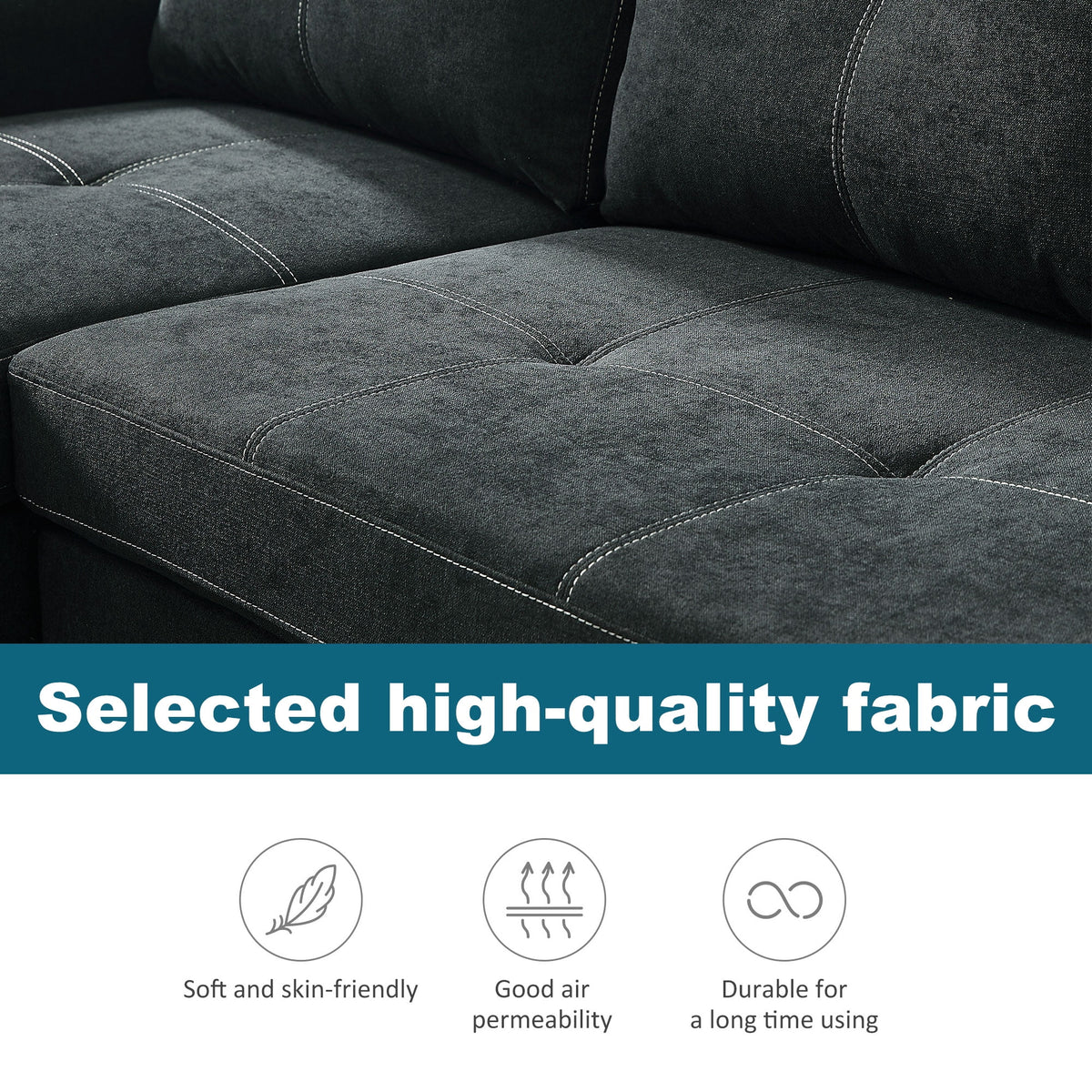 Black Queen Size Sleeper Sofa Bed with Storage Chaise O107647