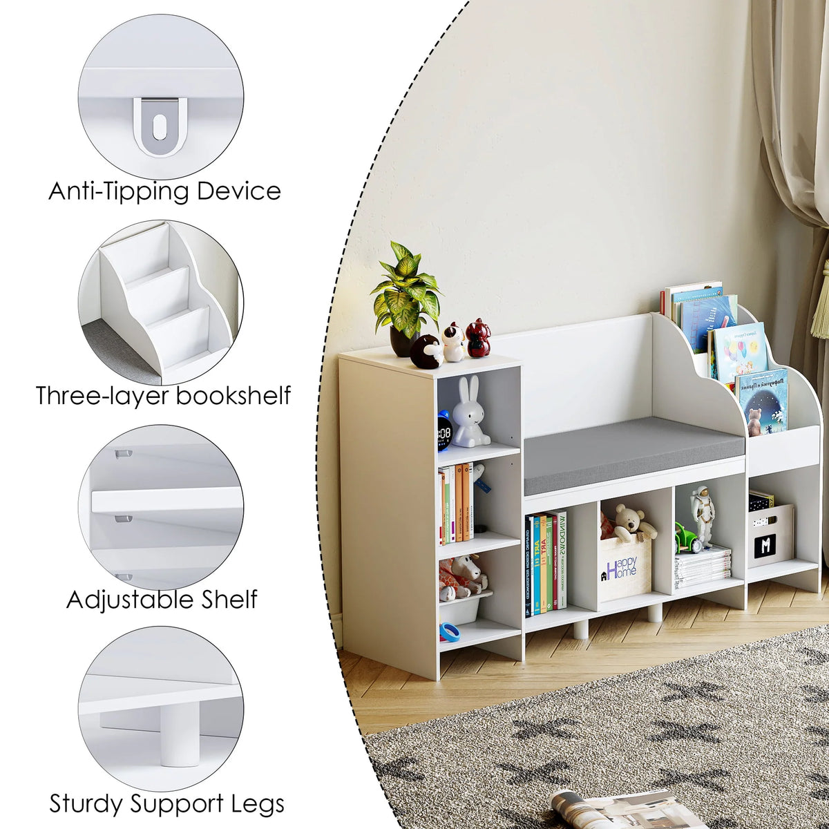 White Kids Bookshelf with Reading Nook D856