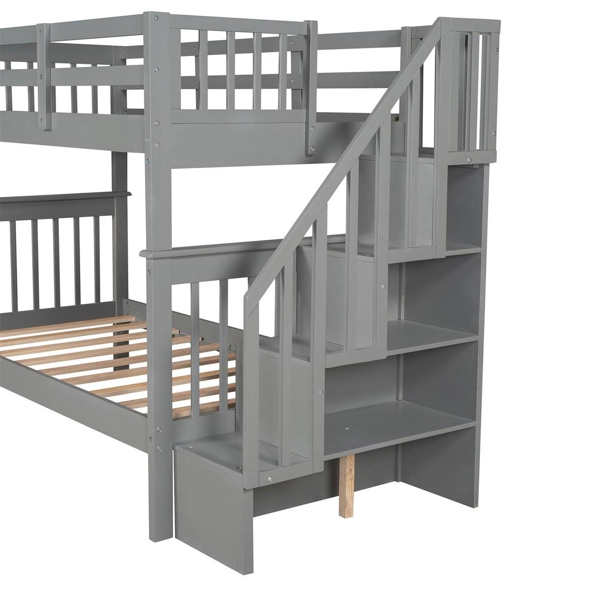 Twin-Over-Twin Bunk Bed with Stairway, Storage and Guard Rail - Grey D897