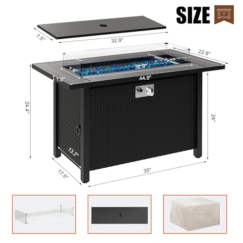45 inch Propane Gas Fire Pit Table with Lid, Lava Rock, Waterproof Cover H1240