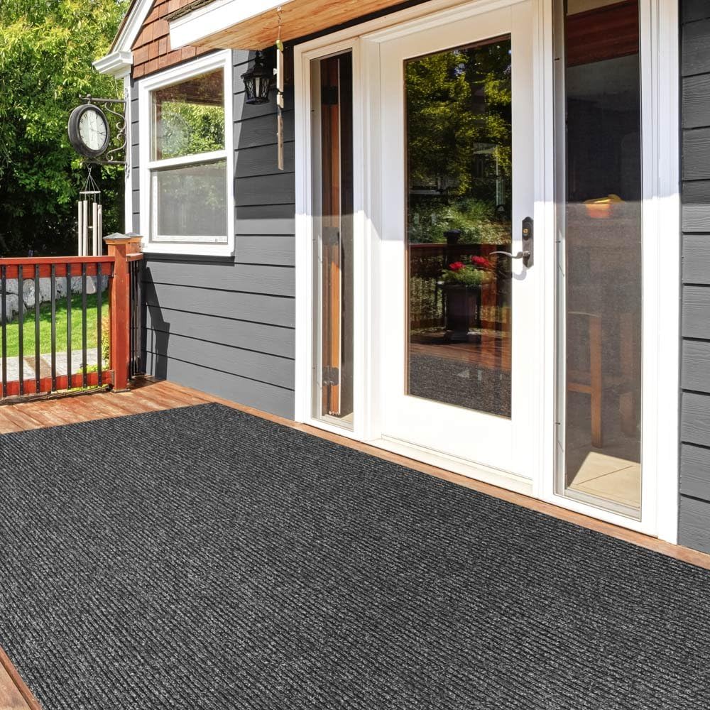 Charcoal Black Ribbed Indoor Outdoor Carpet 6 Feet X 10 Feet T596269
