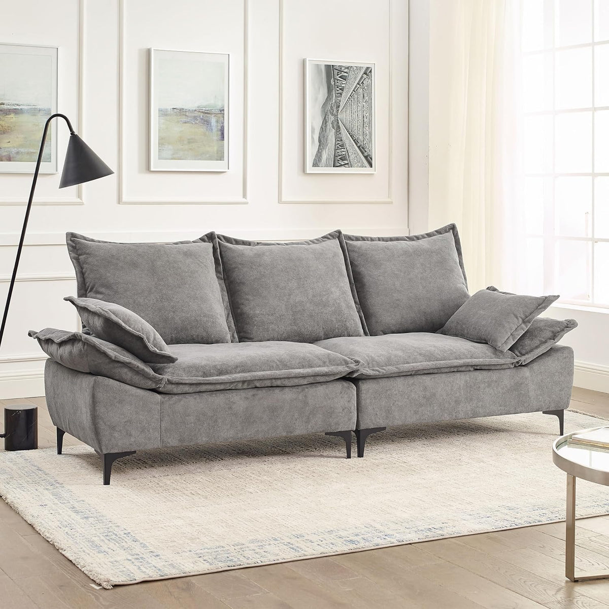 Grey Dutch Velvet 3-Seater Sofa with 2 Pillows E87105