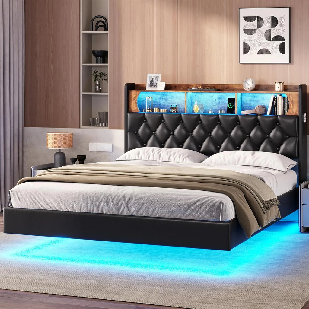 Queen Size Upholstered Platform Bed with LED Light Charging Station Storage Headboard Linen Fabric Dark Grey X45303