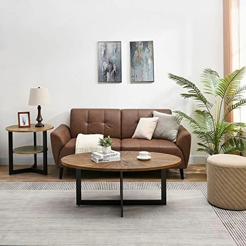 Solid Wood Oval Coffee Table with Cross Metal Legs V11114