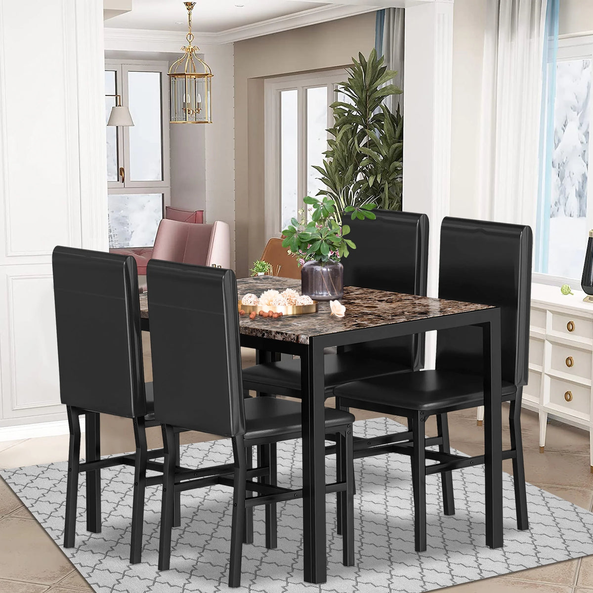 5 Piece Faux Marble Rectangular Dining Table Set with 4 Upholstered Metal Chairs R750408