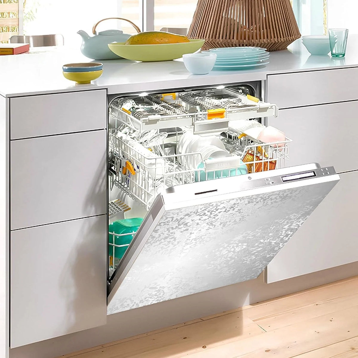 Silver Flowers Pattern Dishwasher Stickers 23in W x 26in H V3387