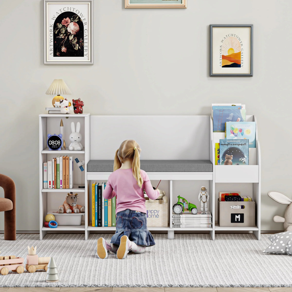 White Kids Bookshelf with Reading Nook D856