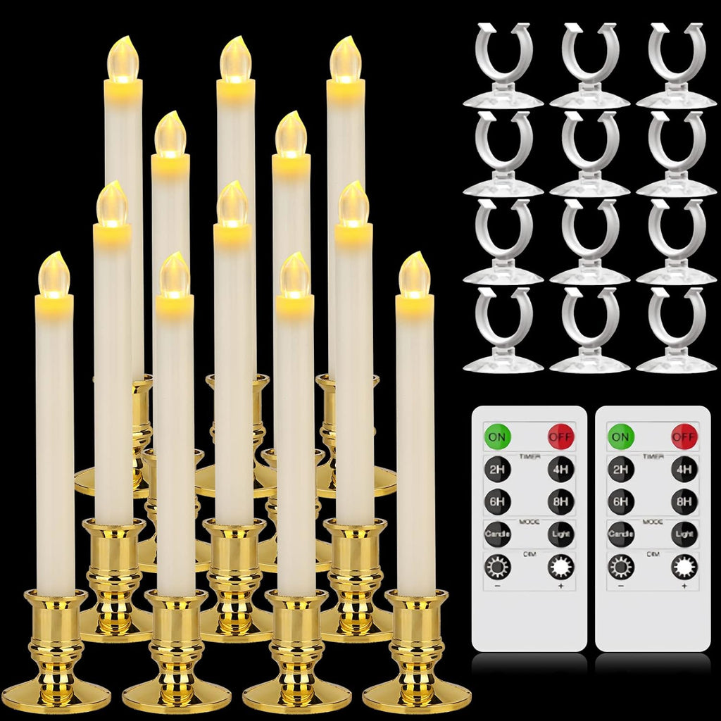 12 Pack Ivory Flickering Flameless LED Taper Candles with Remote O6299