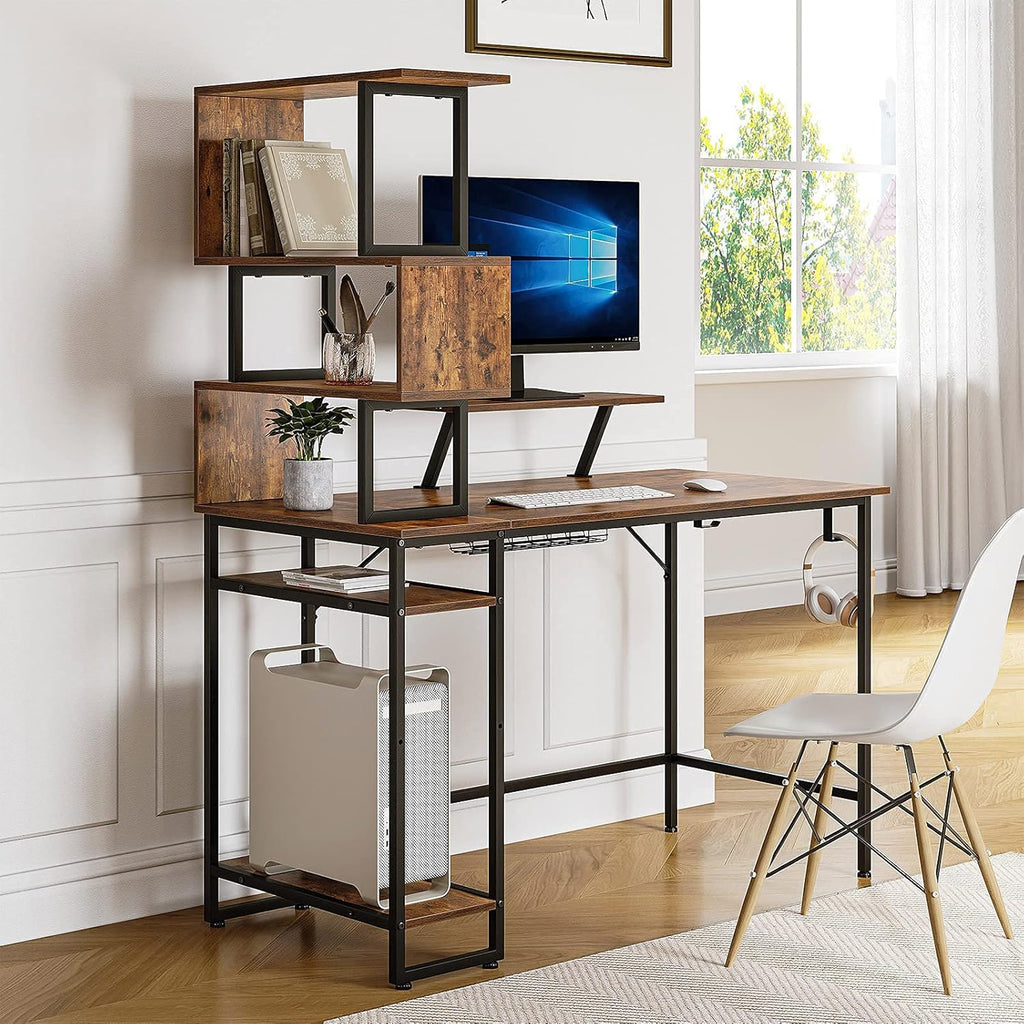 Black Home Office Desk with 5-Tier Bookshelf J8425
