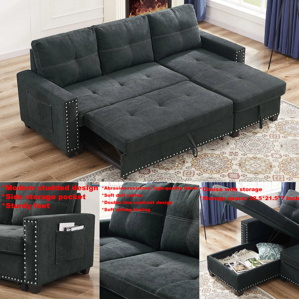 Black Queen Size Sleeper Sofa Bed with Storage Chaise O107647