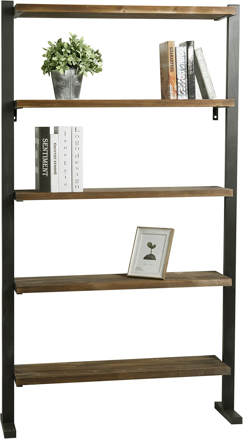 5-Shelf Industrial Metal and Solid Pine Wood Bookcase Dark Brown V6298