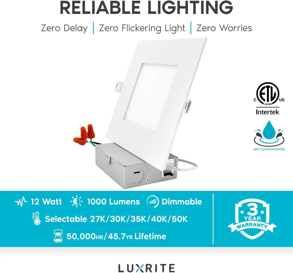 6 Inch Square LED Recessed Lighting, 12W, 1000 Lumens, 4 Pack N304