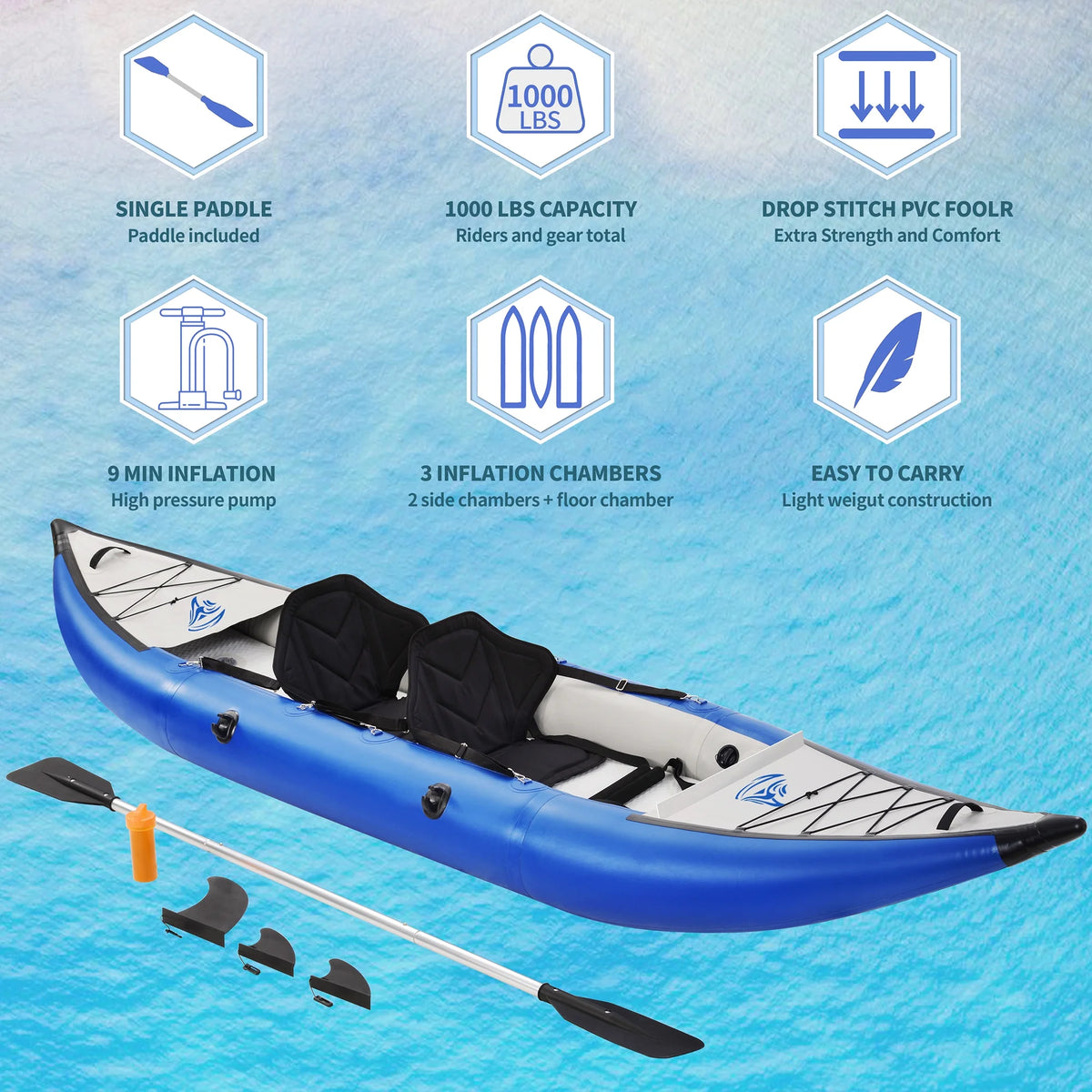 Inflatable Kayak Set with Paddle & Air Pump, Portable Tandem 2 Person Kayak Y655059
