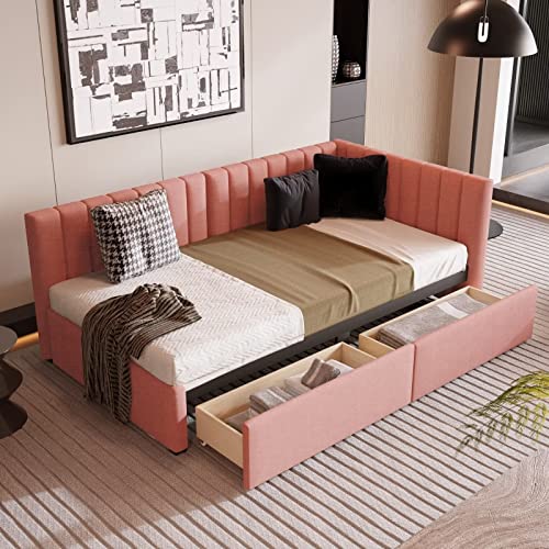 Beige Twin Size Upholstered Daybed with 2 Storage Drawers Q7788