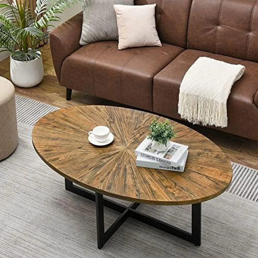 Solid Wood Oval Coffee Table with Cross Metal Legs V11114