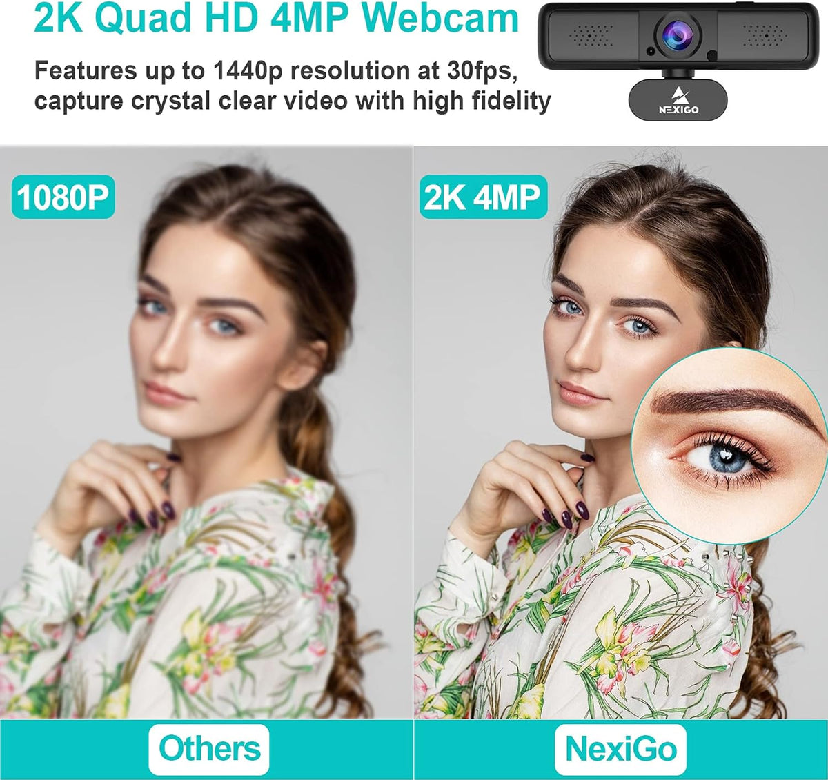 2K 4MP Zoomable Webcam with Privacy Cover & Dual Microphone H739