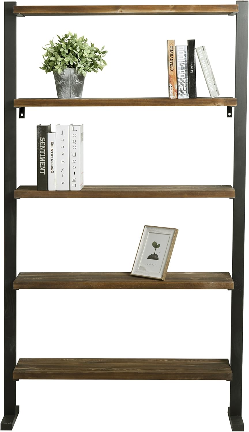 5-Shelf Industrial Metal and Solid Pine Wood Bookcase Dark Brown V6298