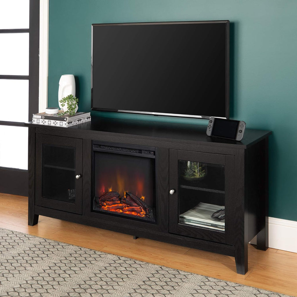 Black 58 Inch Wood and Glass Fireplace TV Stand T853043