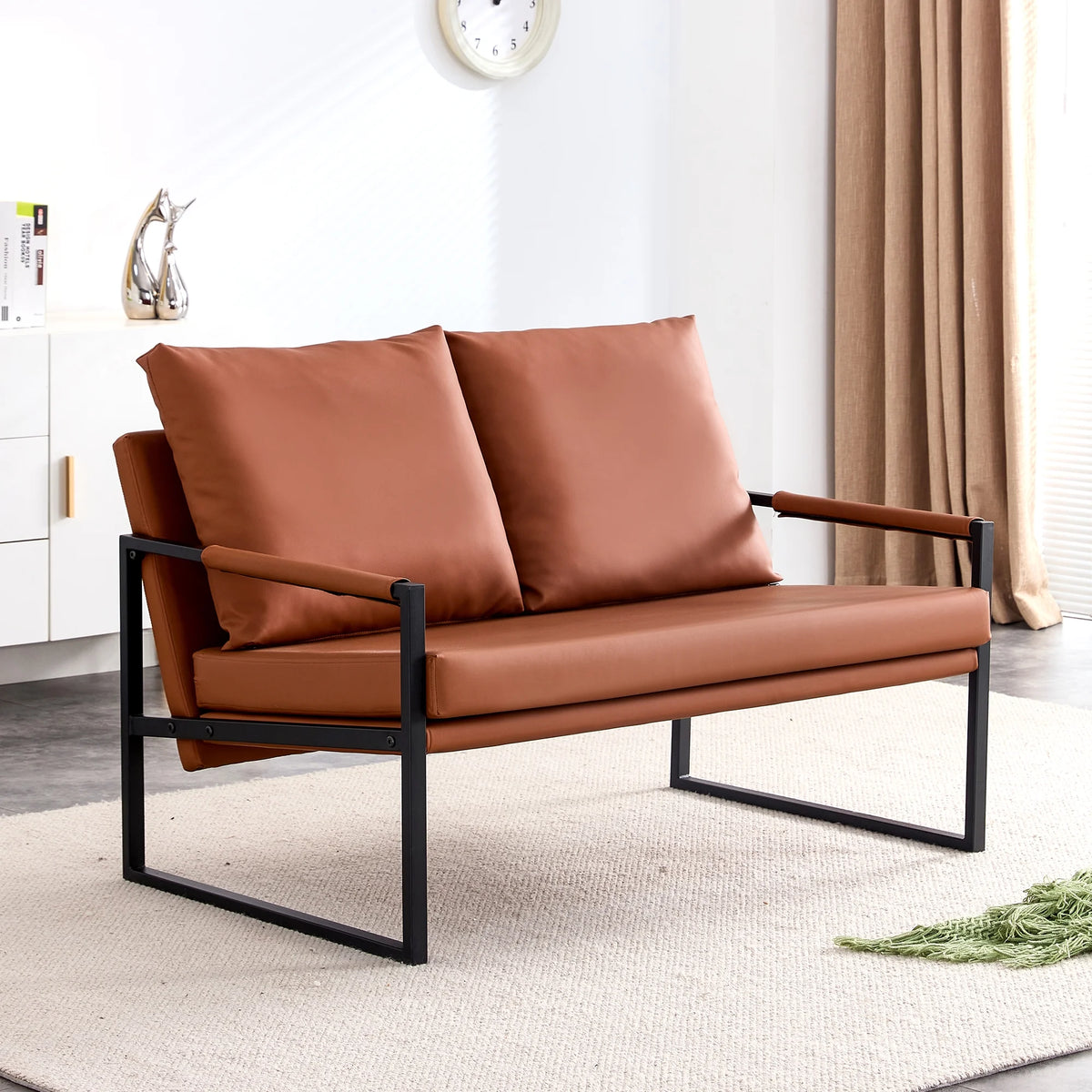 Brown PU Leather Two-Seater Sofa Chair with 2 Pillows Z846022