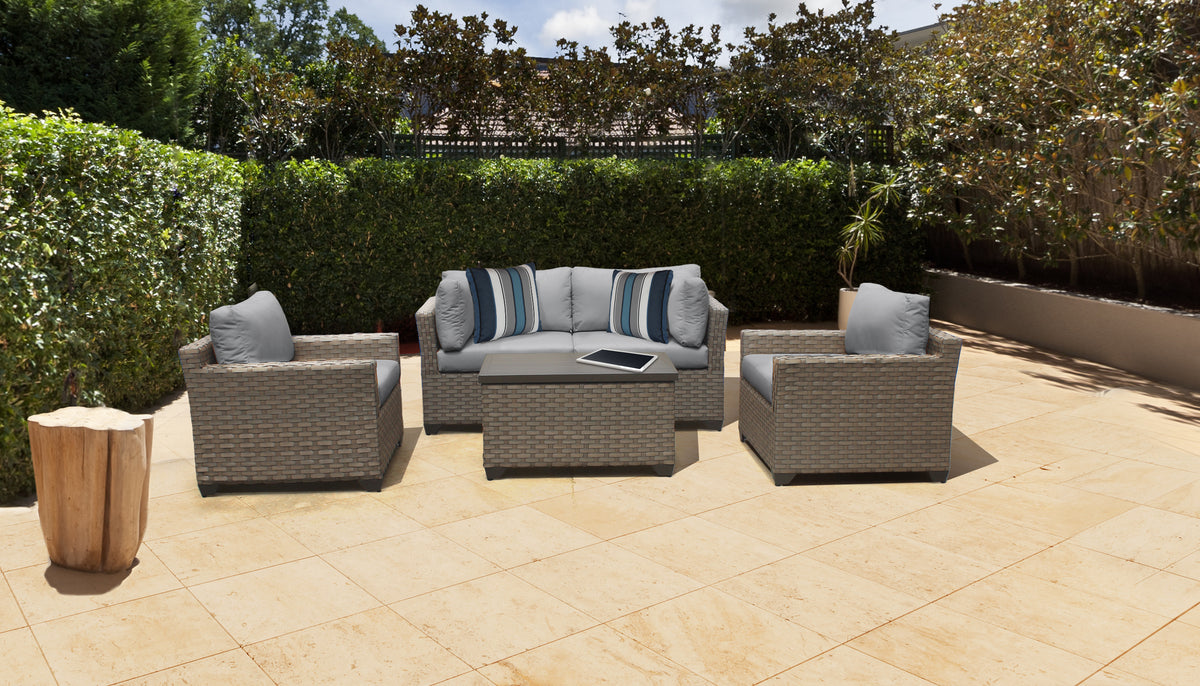 5 Piece Wicker Patio Conversation Set with Club Chair and Cushion Covers E14095