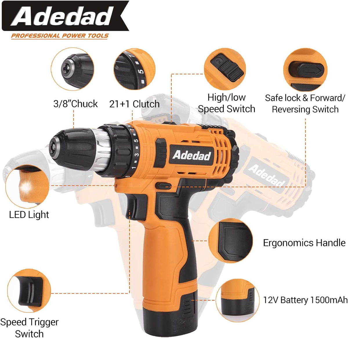12V Cordless Brushless Ratchet Wrench & Drill, 3/8" 40Ft-lbs Torque 400 RPM, 21+1 Metal Drill, 2 Batteries Power Tool Set F11784