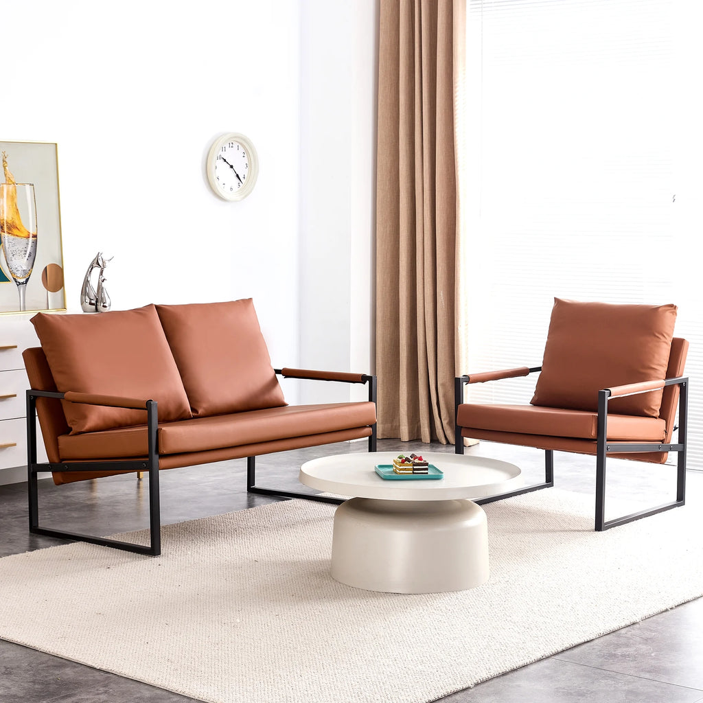 Brown PU Leather Two-Seater Sofa Chair with 2 Pillows Z846022