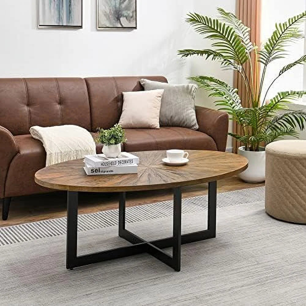 Solid Wood Oval Coffee Table with Cross Metal Legs V11114