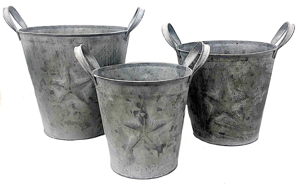 3 Metal Buckets Planters With Handles Tarnished Silver Decorative Distressed Rustic E76785