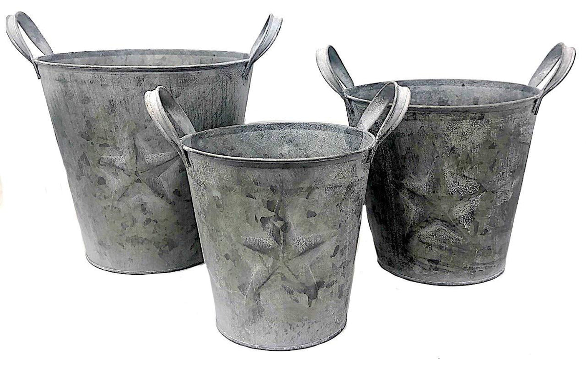 3 Metal Buckets Planters With Handles Tarnished Silver Decorative Distressed Rustic E76785