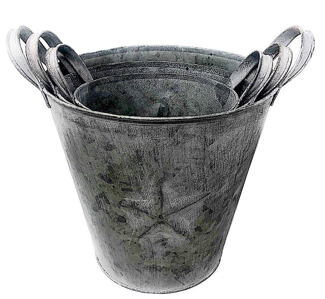 3 Metal Buckets Planters With Handles Tarnished Silver Decorative Distressed Rustic E76785