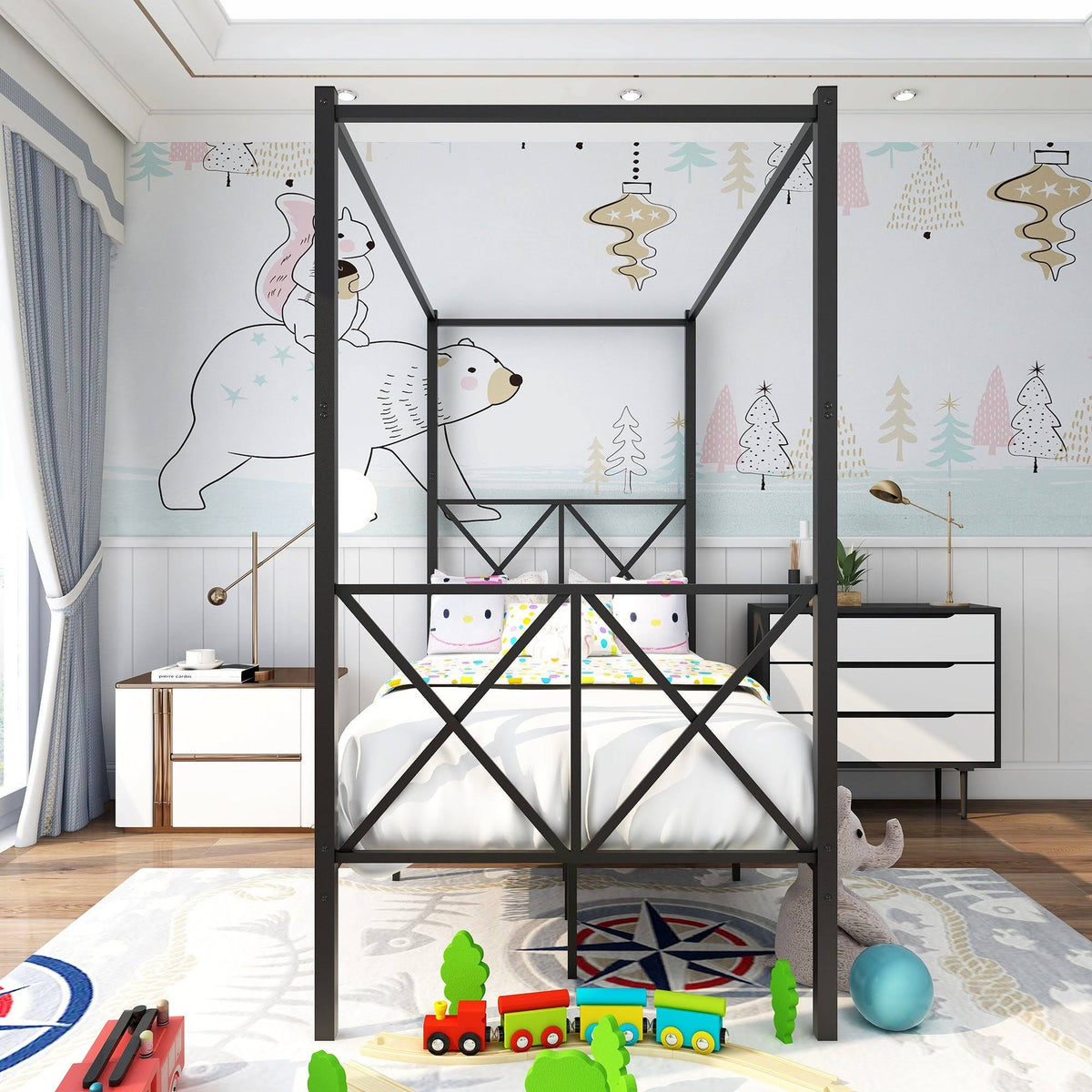 Twin Canopy Bed Frame with X Shaped Frame - Black K33403