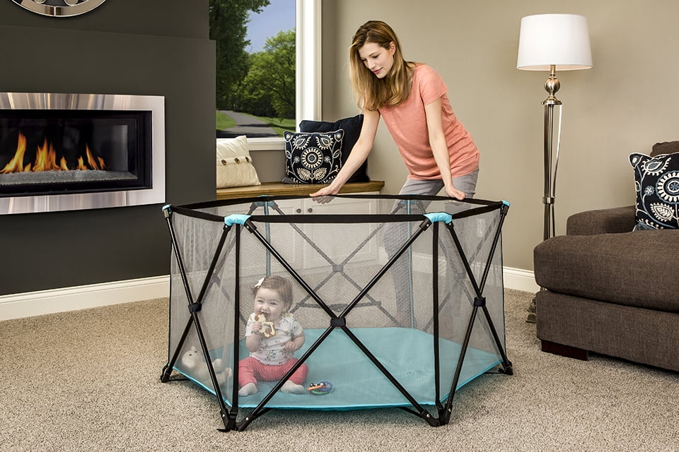 Portable Play Yard, Washable, Aqua, 6-Panel L150679