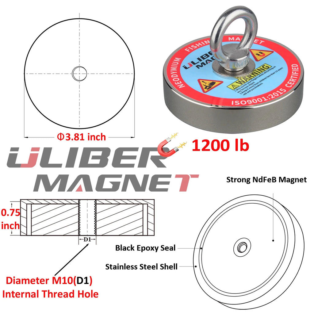 Magnet Fishing Kit 1200LB Dia.3.81in Neodymium Magnet N52 with 20 Meters Rope C1960