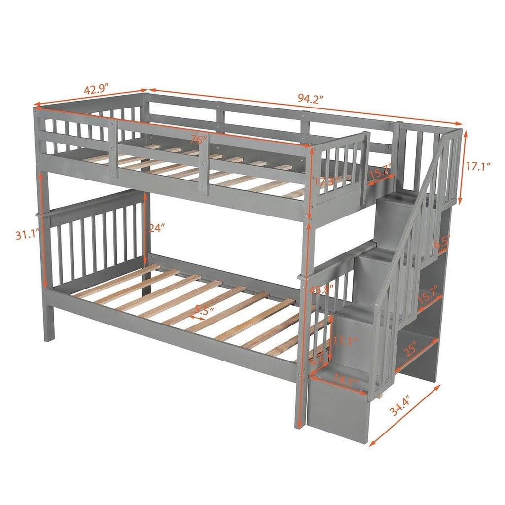Twin-Over-Twin Bunk Bed with Stairway, Storage and Guard Rail - Grey D897