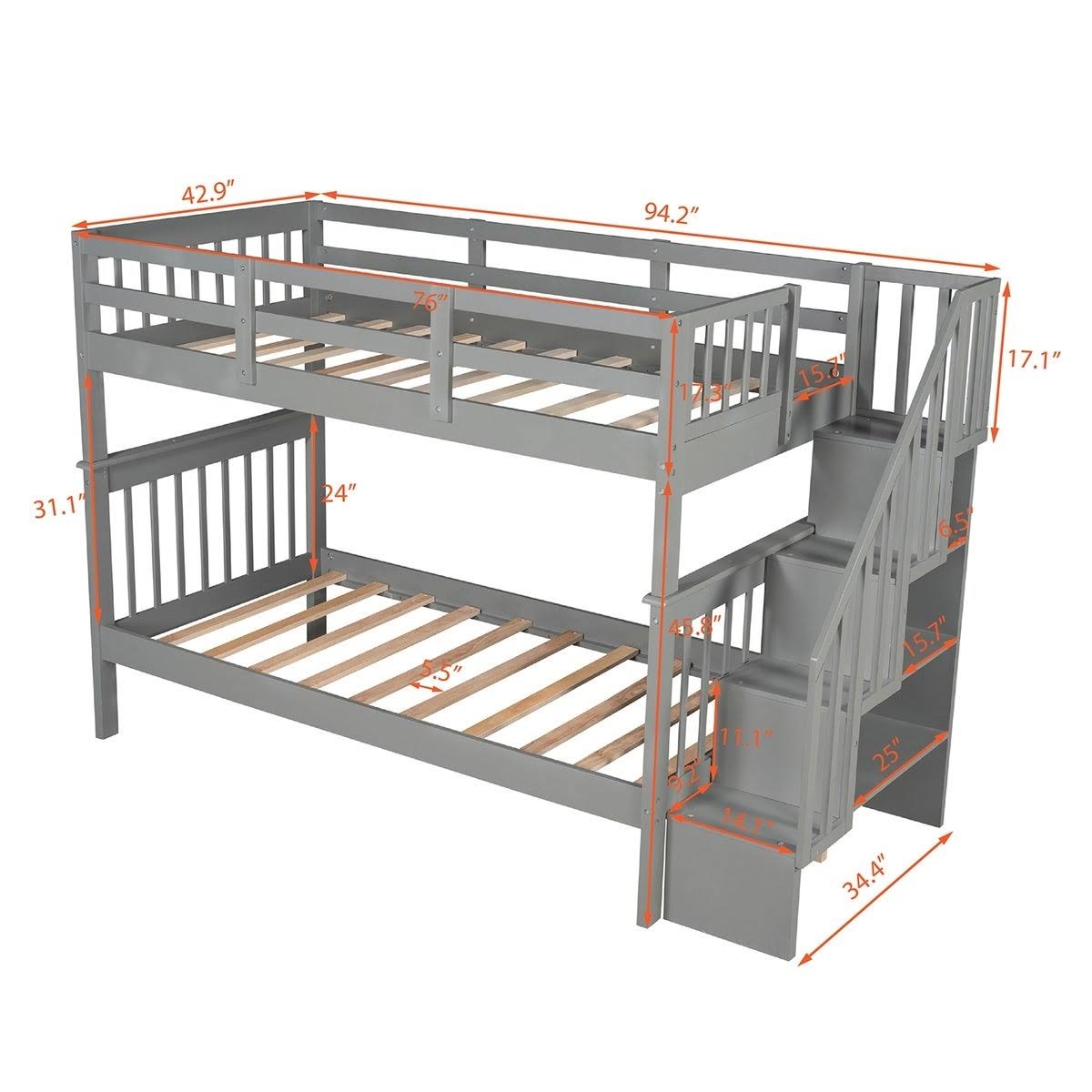 Twin-Over-Twin Bunk Bed with Stairway, Storage and Guard Rail - Grey D897