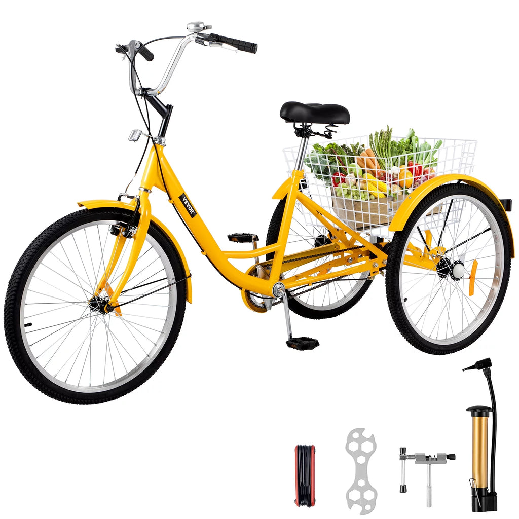 24 inch 1-Speed Yellow Adult Tricycle with Cargo Basket K385224