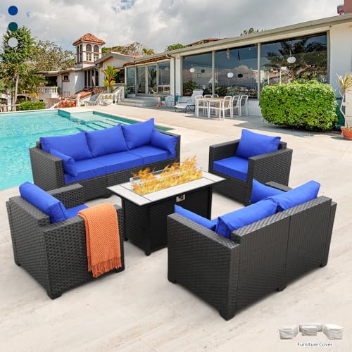 5 Pieces Patio Furniture Set with Coffee Table and Blue Cushions K780