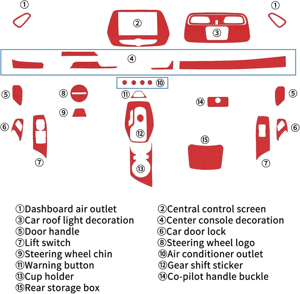 Red 28PCS Carbon Fiber Texture Vinyl Wrap Center Console Dashboard Cover Sticker Q931