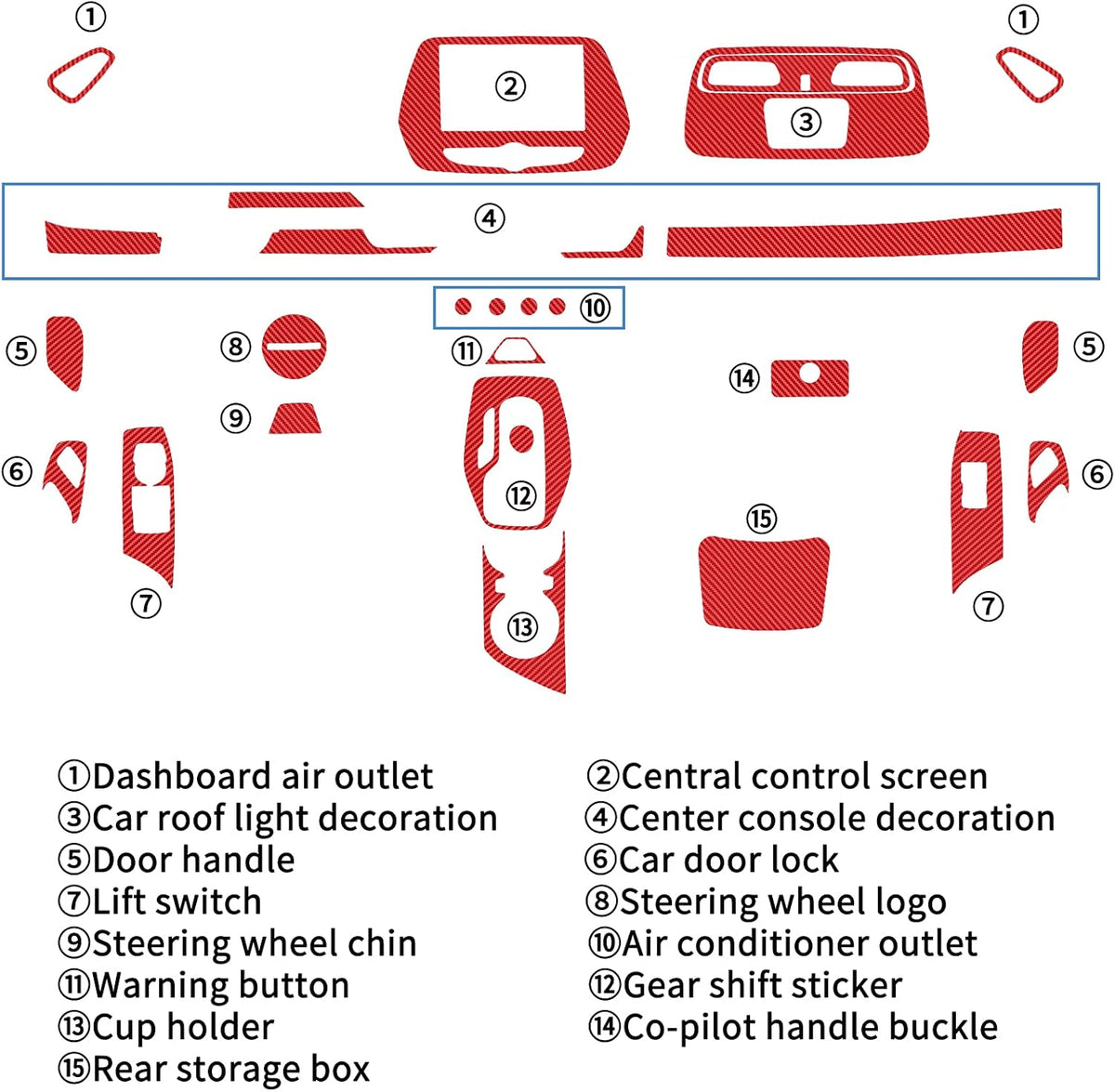 Red 28PCS Carbon Fiber Texture Vinyl Wrap Center Console Dashboard Cover Sticker Q931