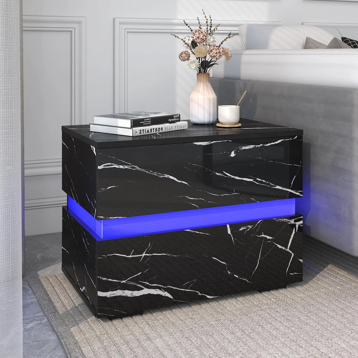 Black High Gloss LED Nightstand Set of 2 with 2 Drawers A275