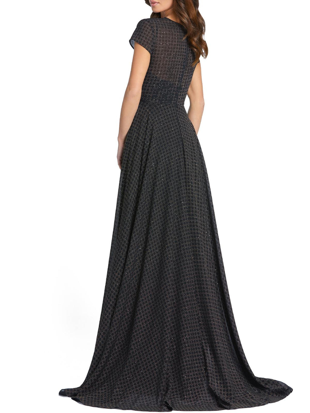 Patterned Short Sleeve A-Line Gown with Sweep Train V57111