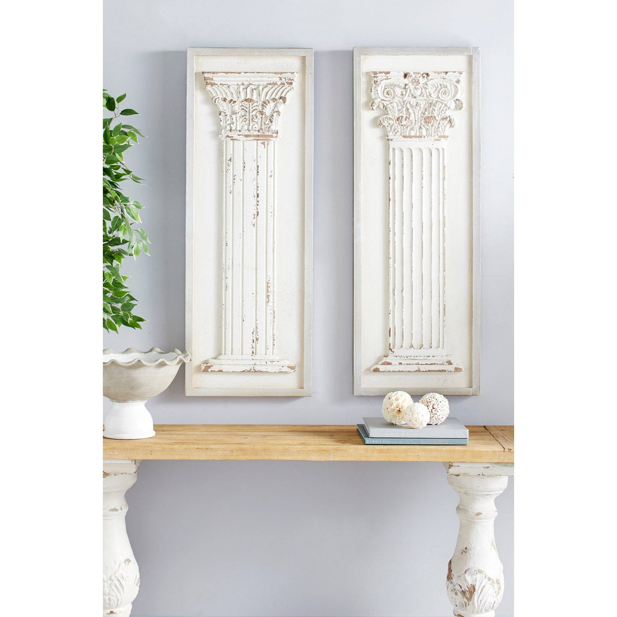 Large Rectangular Distressed Antique White Wood Wall Decor with Carved Greek Columns, Set of 2 Y664536