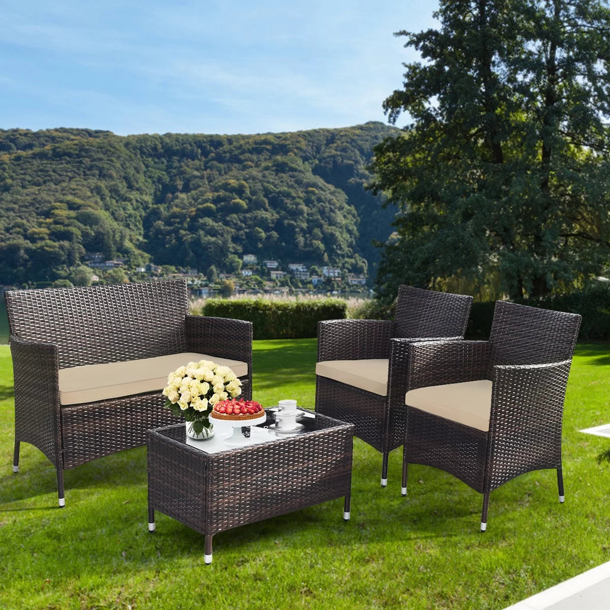 4 Pc Patio Rattan Conversation Furniture Set with Gray Cushion G8496