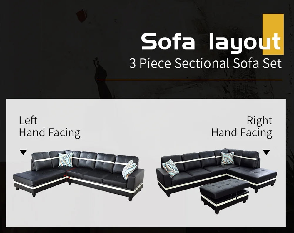 Black & White Faux Leather Sectional with Ottoman F30777