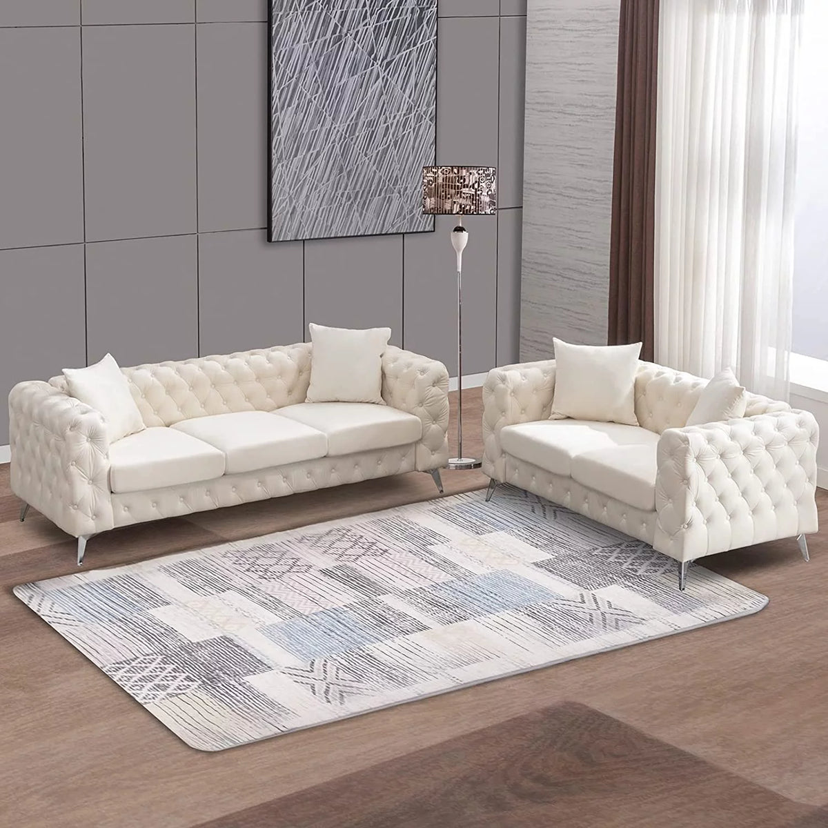 Beige 2 Pieces Sofa Set with Tufted Cushion M27655