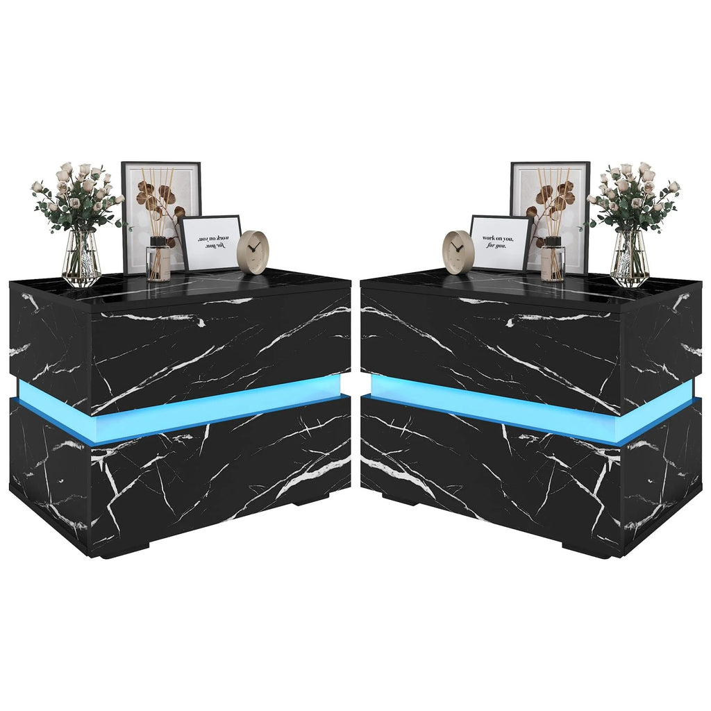Black High Gloss LED Nightstand Set of 2 with 2 Drawers A275